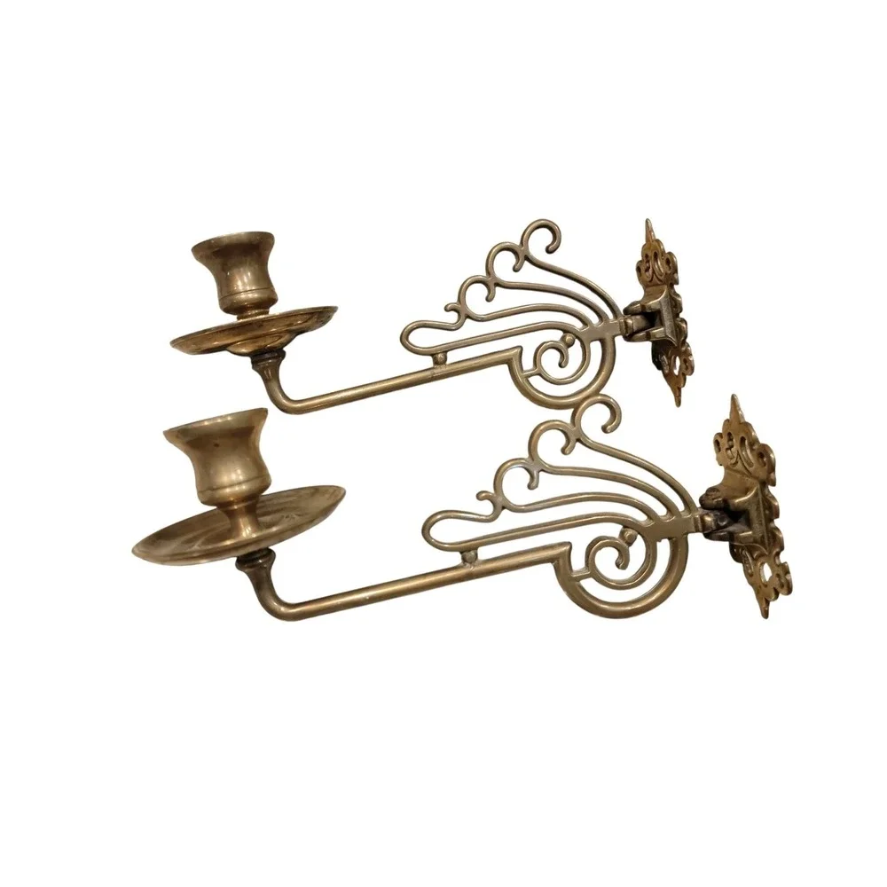 Antique Art Nouveau French Piano Candlestick Sconces Swing Arms Brass Set of 2